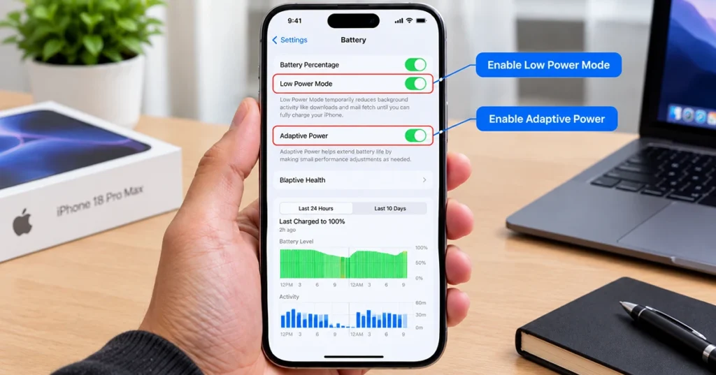 iPhone 18 Power Mode settings showing Adaptive Power and Low Power Mode options
