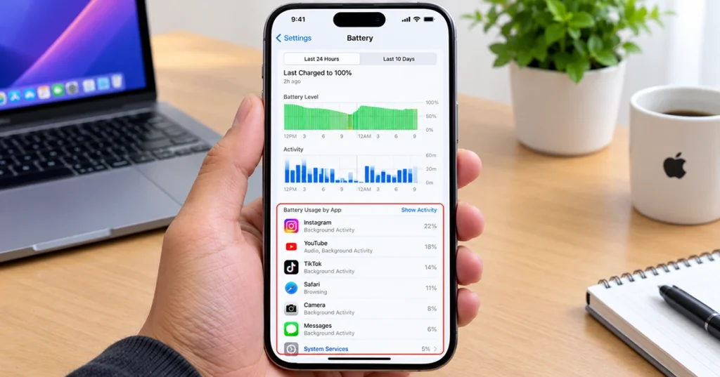 iPhone 18 Battery settings showing app battery usage and activity statistics