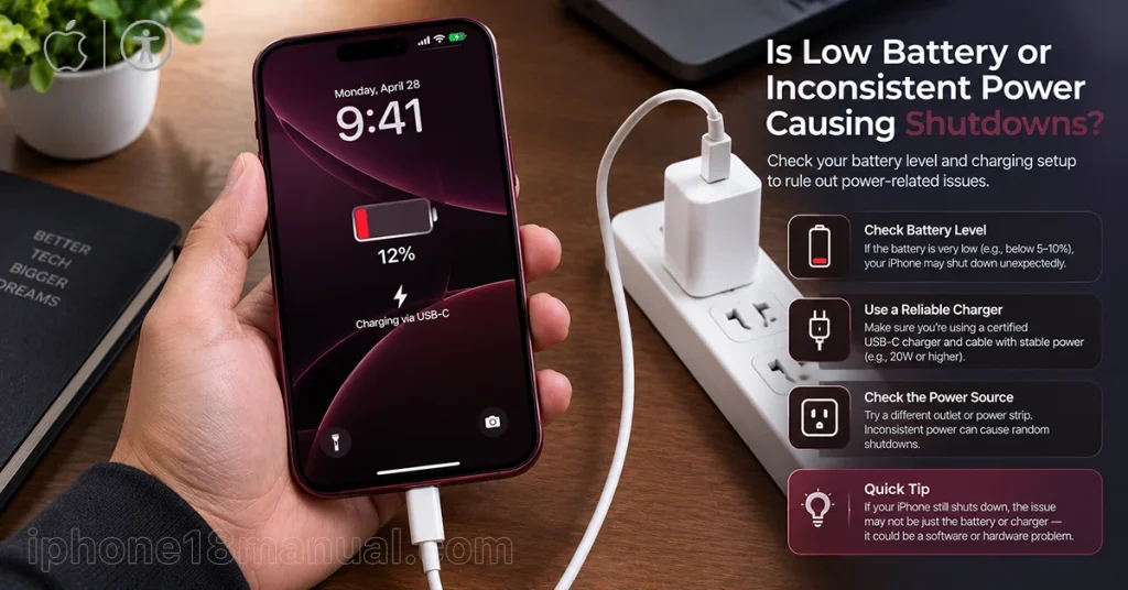 Charging an iPhone 18 Pro with a USB-C cable to troubleshoot unexpected power-offs