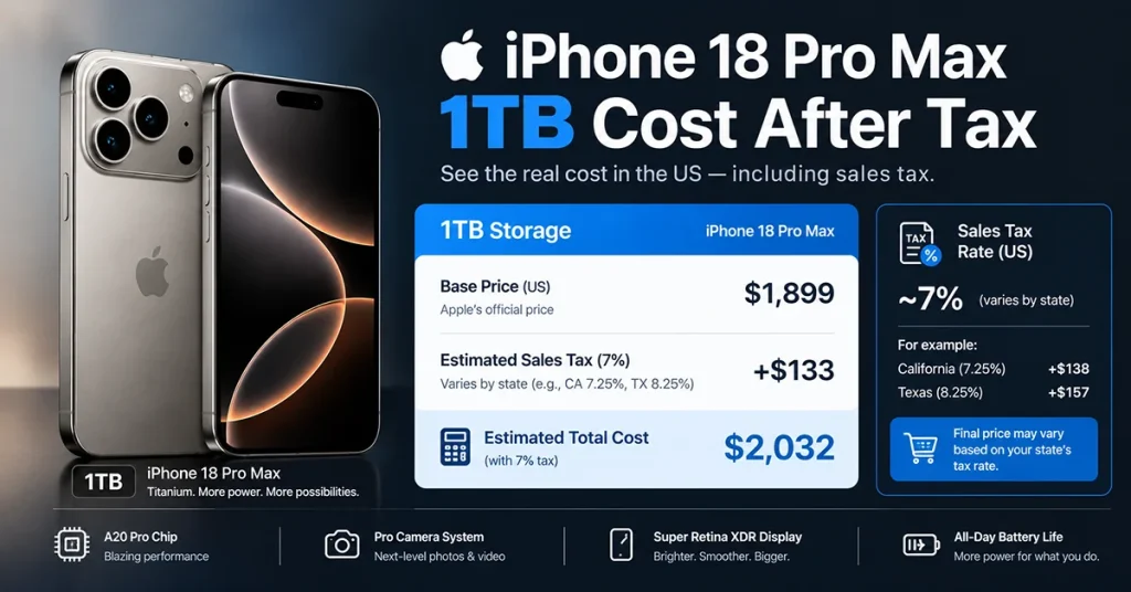 iPhone 18 Pro Max 1TB estimated US cost after sales tax, showing the $1,899 base price and an illustrative $2,032 total with 7% tax.