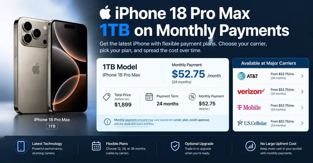 iPhone 18 Pro Max 1TB monthly payment infographic showing an illustrative 24-month financing estimate and carrier payment options.