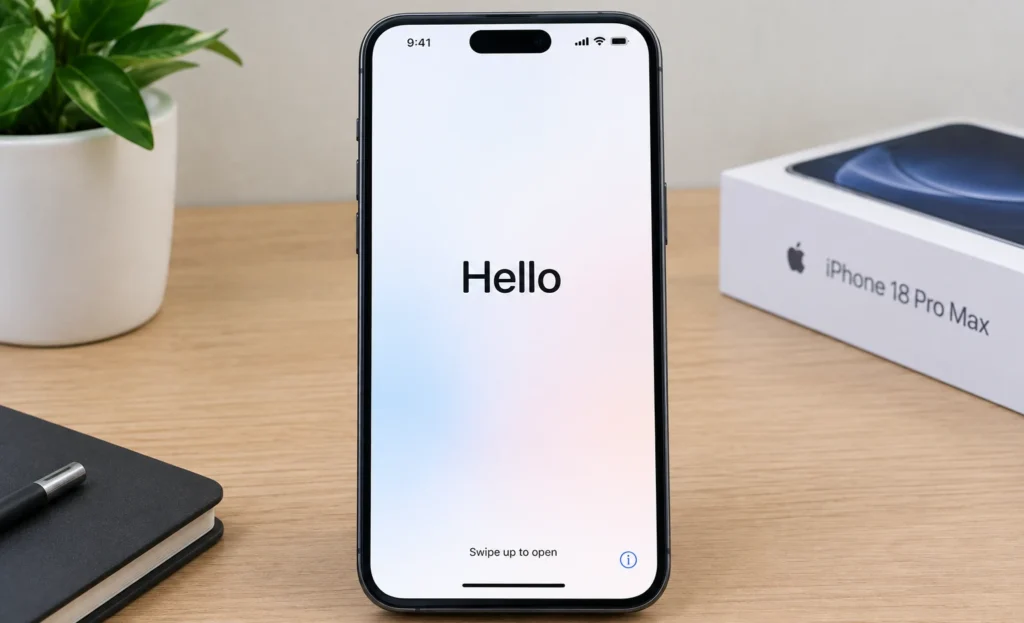 iPhone 18 Pro max showing the Hello screen after a factory reset