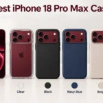Burgundy iPhone 18 Pro Max with clear, black, navy blue, beige, and forest green protective cases