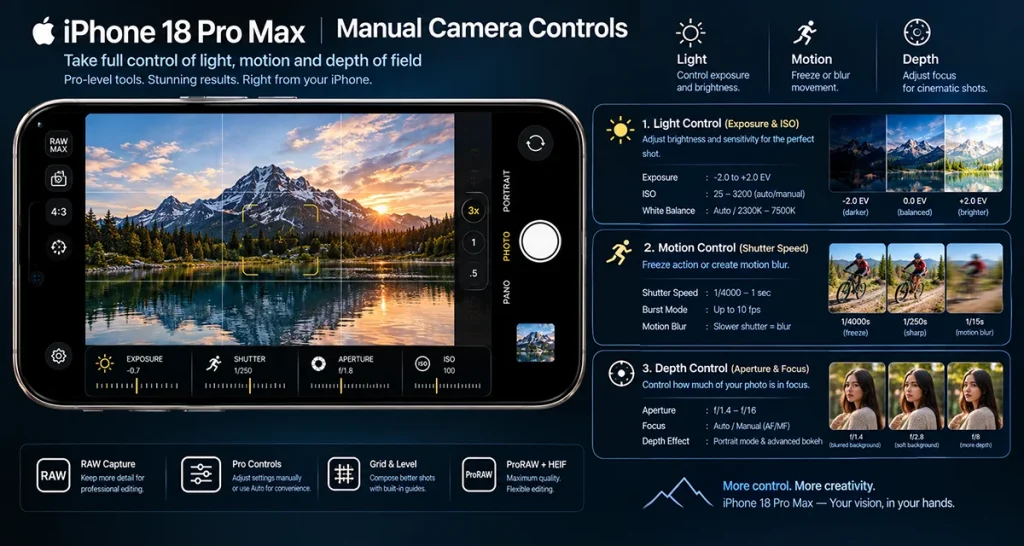 Adjusting iPhone 18 Pro Max camera aperture shutter speed and exposure