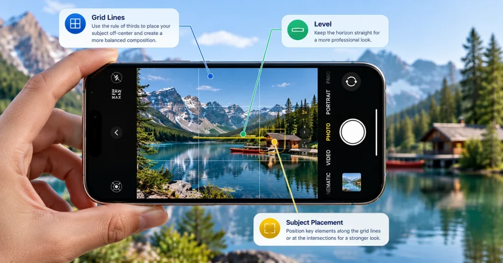 Phone camera grid and level guides for better photo composition