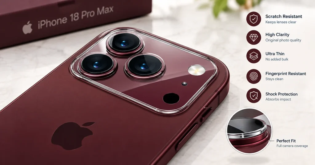Burgundy iPhone 18 Pro Max with a clear camera lens protector installed over the rear triple-camera lenses