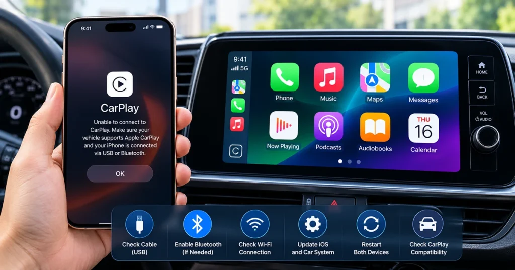 iPhone 18 Pro Max connected to a car infotainment system with Apple CarPlay