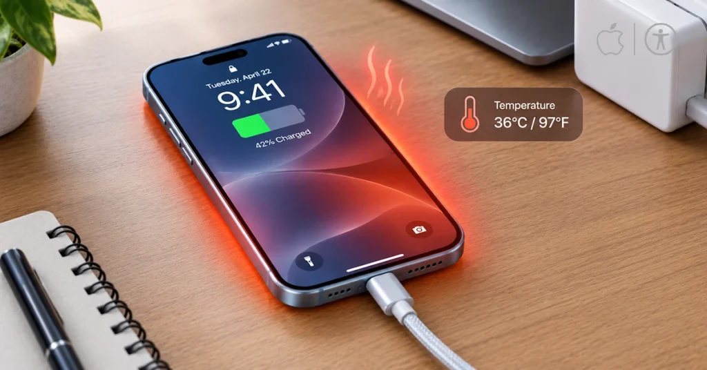 iPhone 18 Pro Max charging on a desk in a cool, ventilated space to avoid overheating
