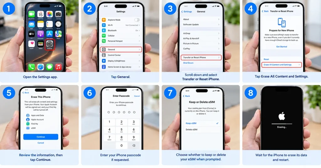 Erase All Content and Settings option under Transfer or Reset iPhone