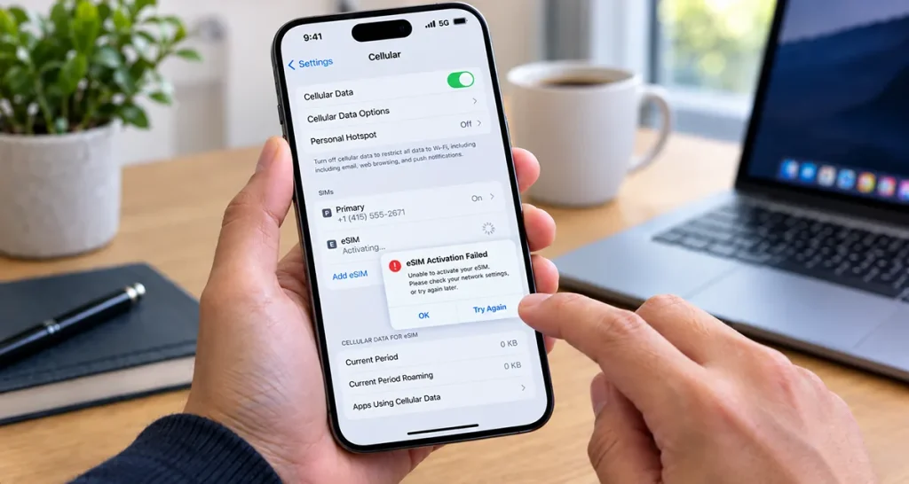 iPhone 18 Pro Max showing an eSIM activation problem in Cellular settings