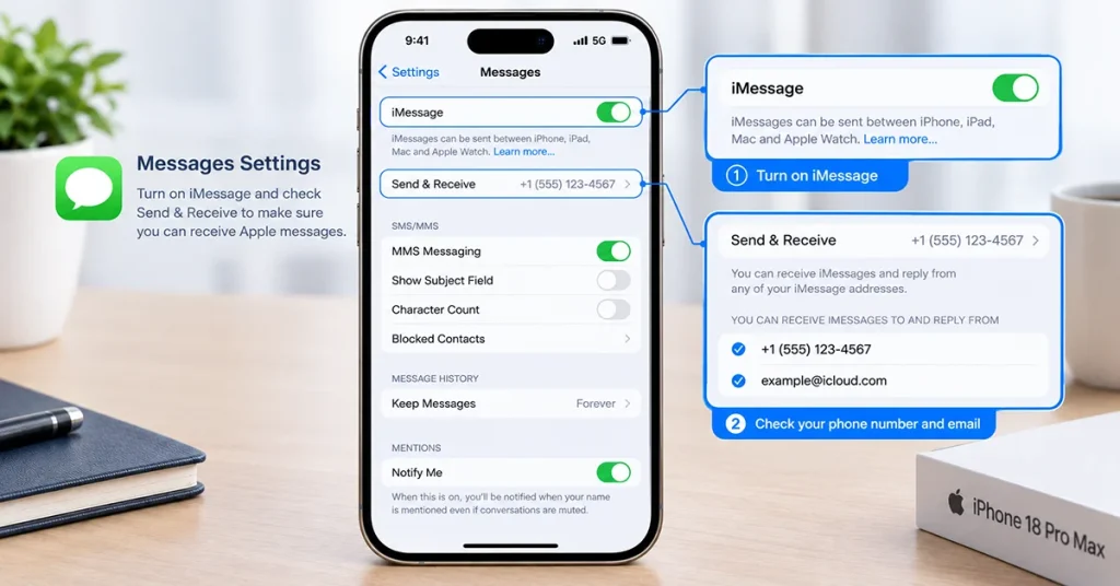 Enabling iMessage and checking Send and Receive settings on iPhone 18 Pro Max