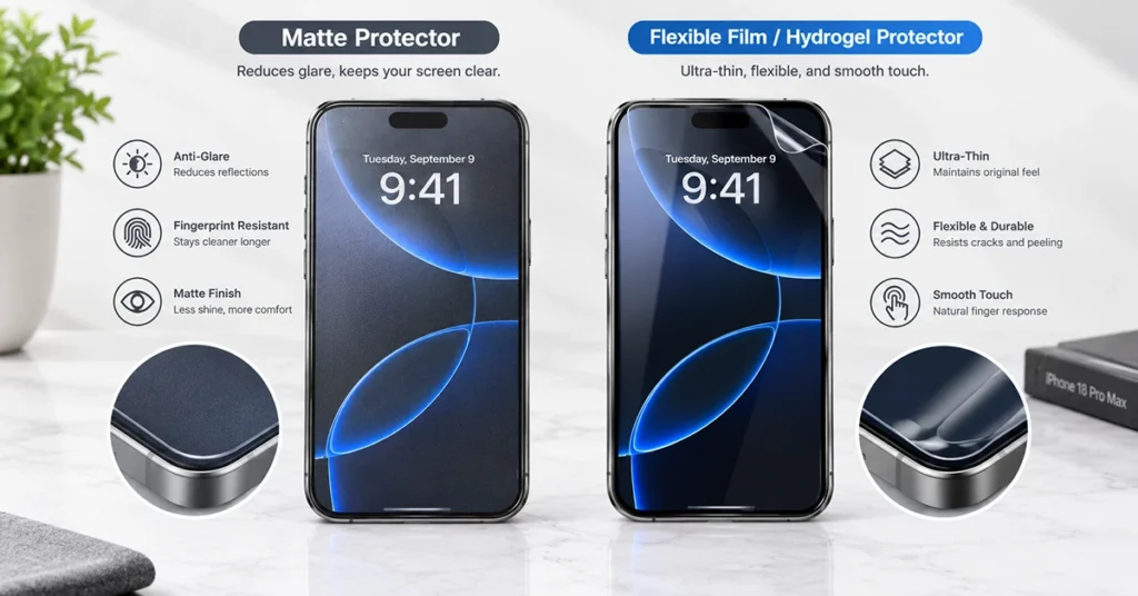 iPhone 18 Pro Max with matte and flexible hydrogel film screen protectors side by side