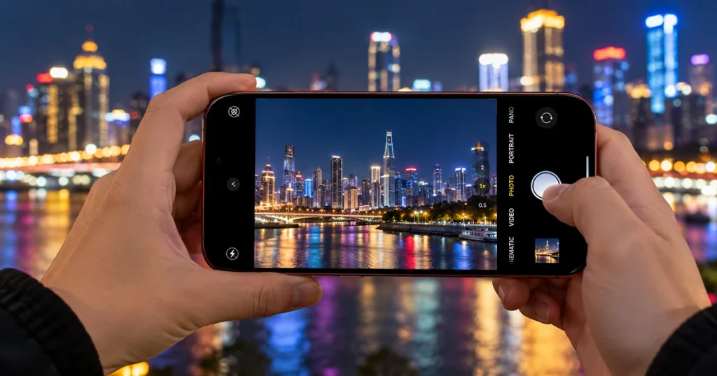 iPhone 18 Pro Max capturing a brightly illuminated city skyline at night