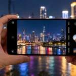 iPhone 18 Pro Max capturing a brightly illuminated city skyline at night