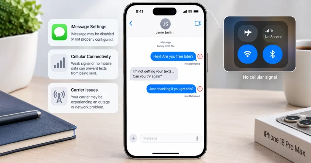 iPhone 18 Pro Max displaying undelivered text messages due to iMessage, cellular connectivity, or carrier issues.