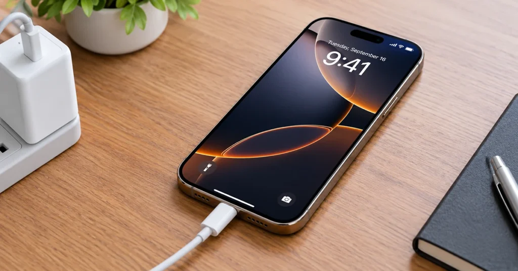 iPhone 18 Pro Max plugged into a charging cable but not charging, with no charging icon displayed on the screen.