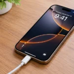 iPhone 18 Pro Max plugged into a charging cable but not charging, with no charging icon displayed on the screen.
