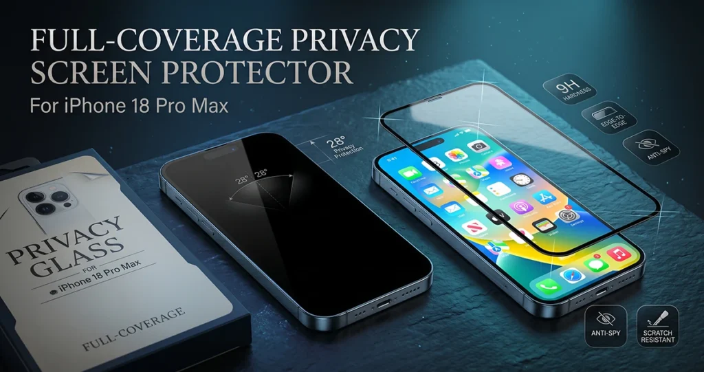 privacy screen protector for iPhone 18 Pro Max, showing an installation box, a dark tinted screen from a 28-degree angle, and a vibrant phone displaying anti-spy and scratch-resistant features