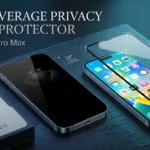 privacy screen protector for iPhone 18 Pro Max, showing an installation box, a dark tinted screen from a 28-degree angle, and a vibrant phone displaying anti-spy and scratch-resistant features