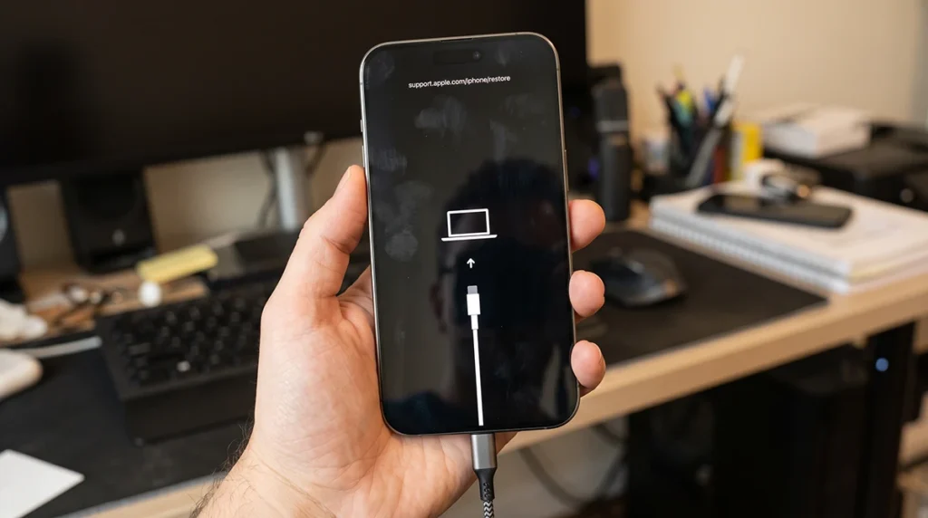 iPhone 18 Pro Max recovery mode screen showing a cable and computer icon
