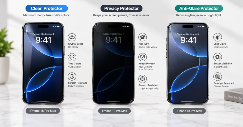 Three iPhone 18 Pro Max phones showing clear, privacy, and anti-glare screen protectors side by side