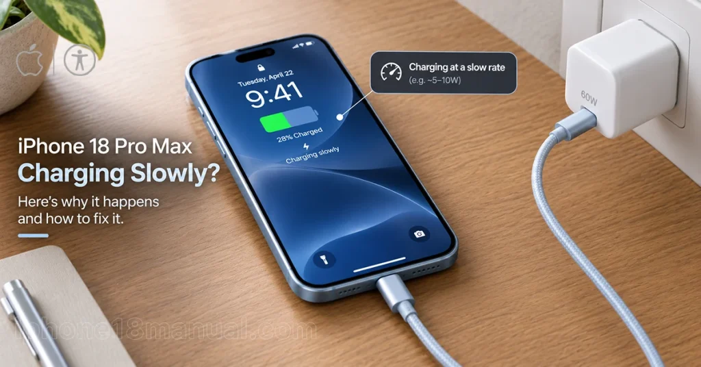 iPhone 18 Pro Max connected to a 60W USB-C charger showing a slow charging battery icon