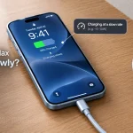 iPhone 18 Pro Max connected to a 60W USB-C charger showing a slow charging battery icon