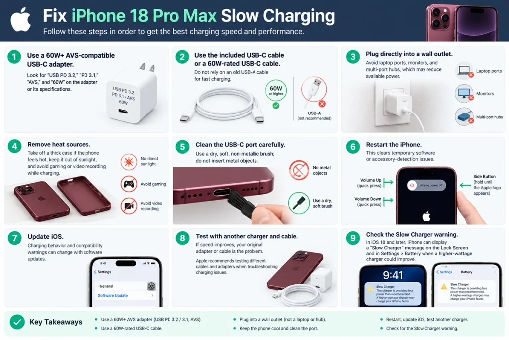 Infographic listing nine fixes for iPhone 18 Pro Max slow charging