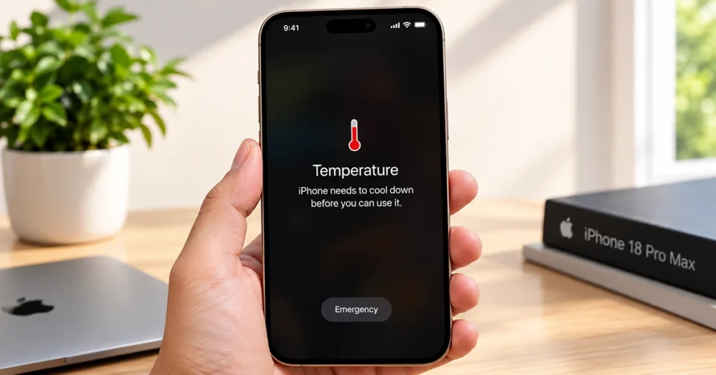 iPhone 18 Pro Max displaying a temperature warning screen indicating that the device needs to cool down before use.
