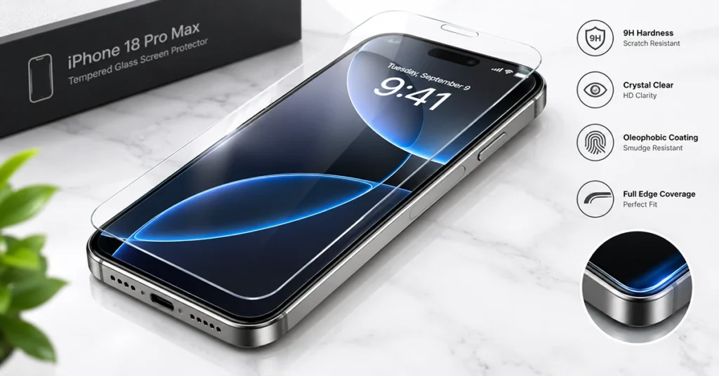 iPhone 18 Pro Max with a clear tempered glass screen protector