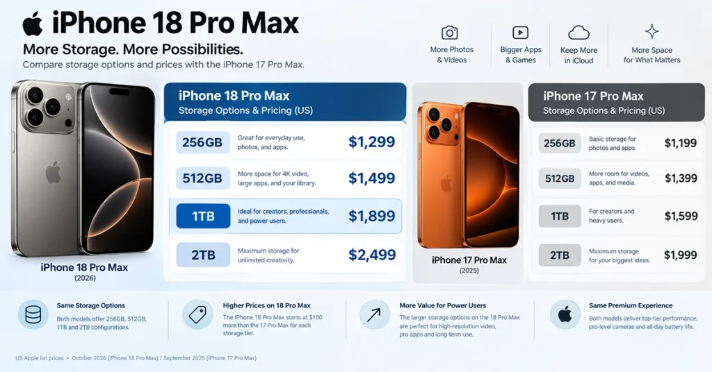 iPhone 18 Pro Max vs iPhone 17 Pro Max storage and US price comparison for 256GB, 512GB, 1TB, and 2TB models.