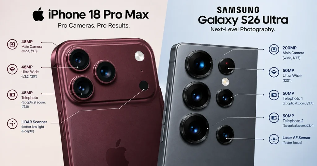 iPhone 18 Pro Max and Samsung Galaxy S26 Ultra rear camera systems compared