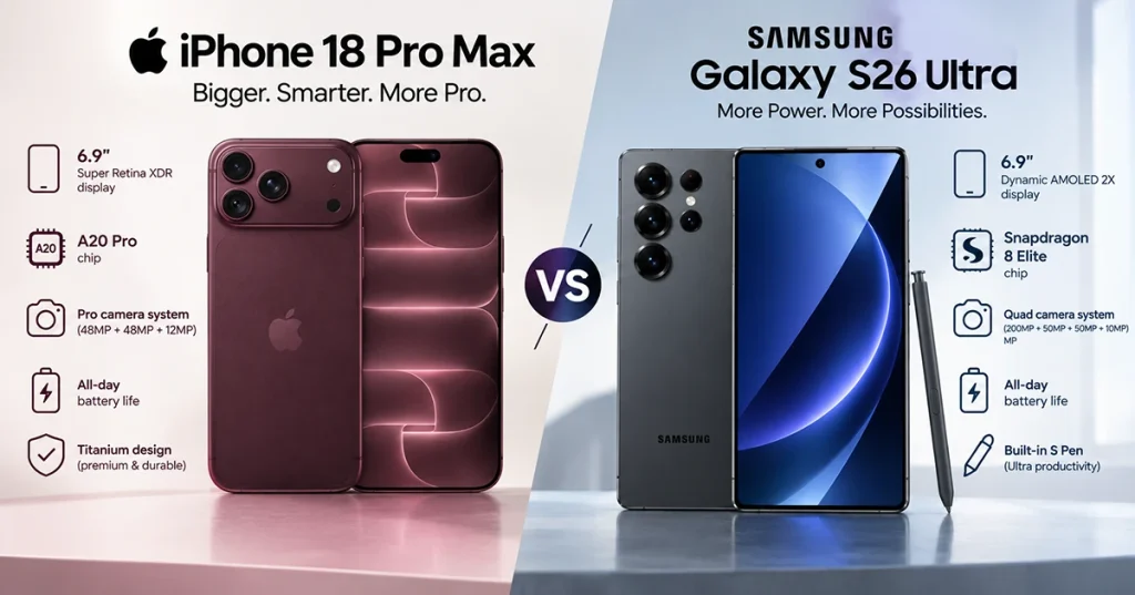 iPhone 18 Pro Max vs Samsung Galaxy S26 Ultra side-by-side smartphone comparison