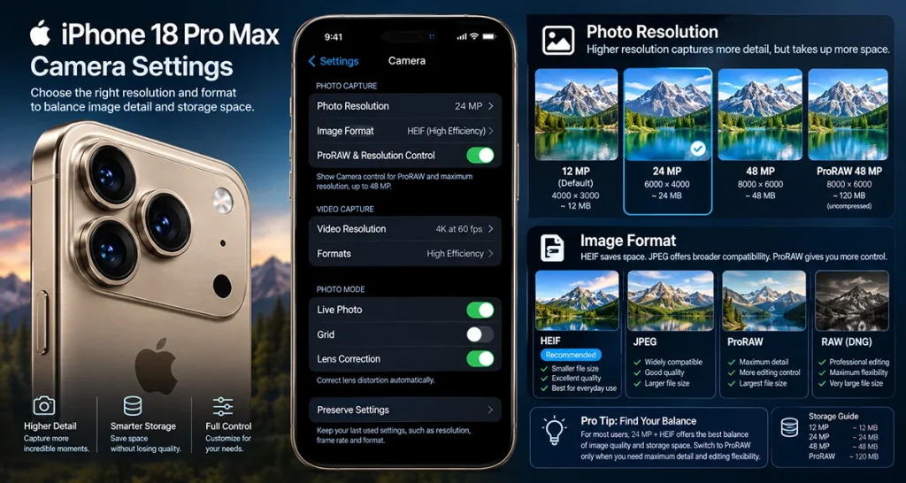 iPhone 18 Pro Max 24MP and 48MP photo resolution settings