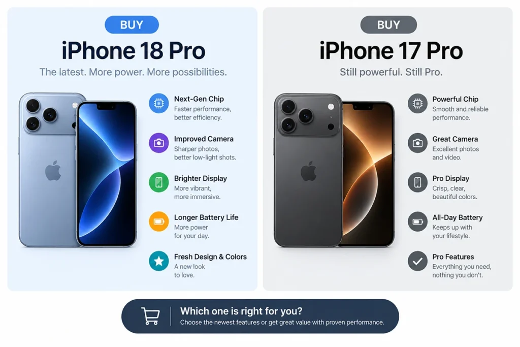 Decision graphic comparing when to buy iPhone 18 Pro versus iPhone 17 Pro based on camera, performance, battery, and price