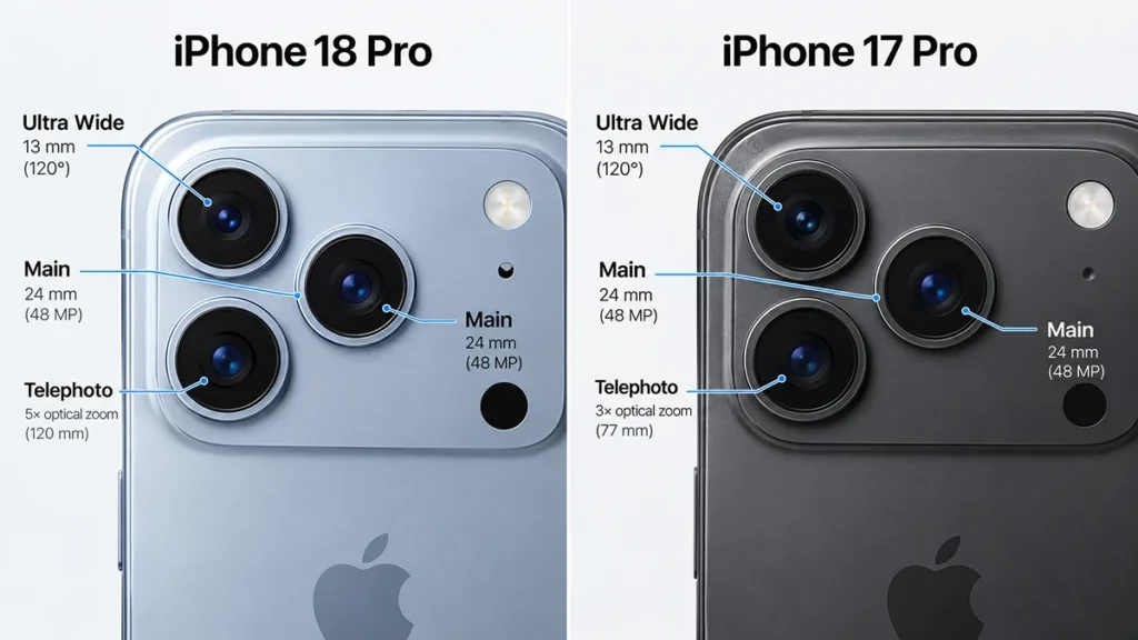 Close-up of iPhone 18 Pro and iPhone 17 Pro rear cameras, highlighting the 18 Pro’s variable-aperture main camera