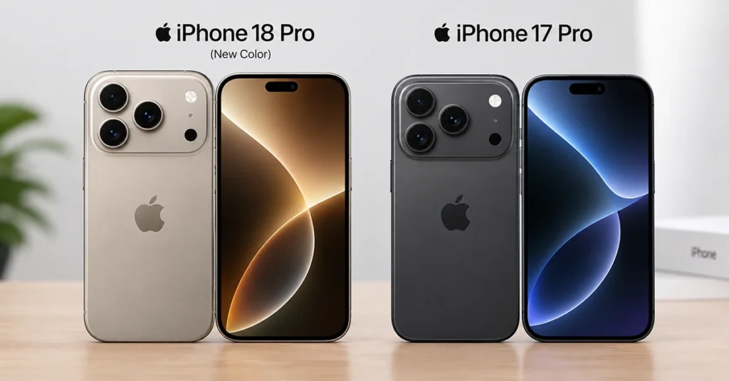 iPhone 18 Pro and iPhone 17 Pro side by side, showing their similar 6.3-inch design and rear triple-camera systems