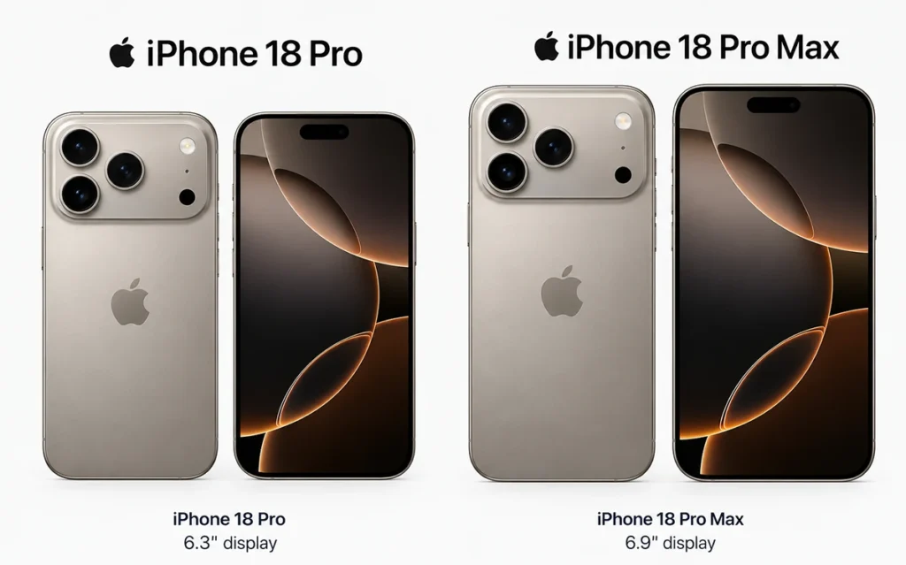 iPhone 18 Pro and iPhone 18 Pro Max side by side showing the size difference