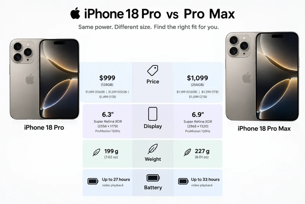 Spec comparison table of iPhone 18 Pro vs Pro Max covering price, display, weight and battery