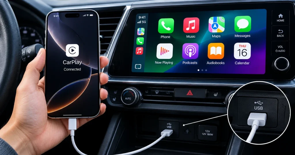 USB-C cable connecting an iPhone 18 Pro max to a car's USB port for wired CarPlay