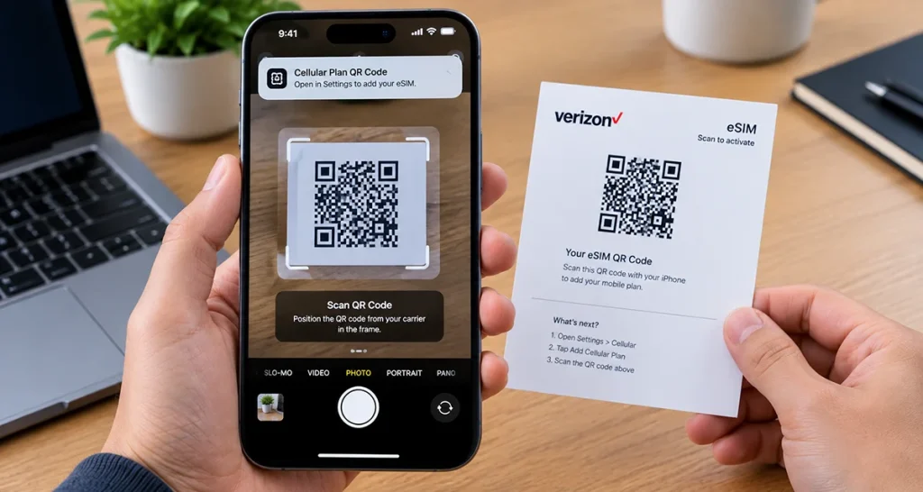 iPhone scanning a carrier-provided QR code to activate an eSIM