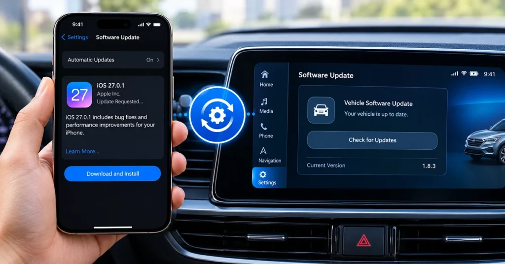 iPhone software update settings beside a car infotainment system