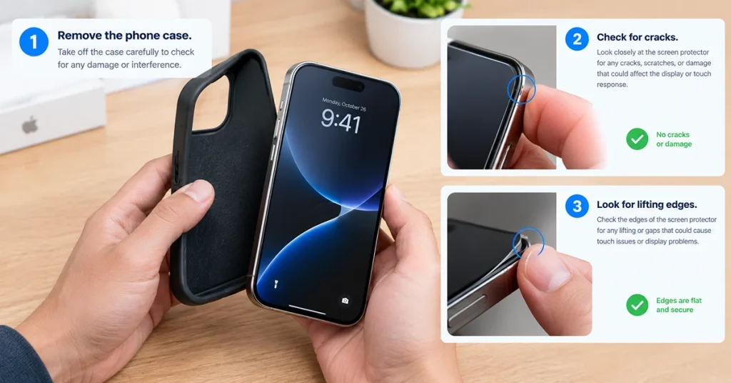 Removing an iPhone case and inspecting the screen protector during troubleshooting