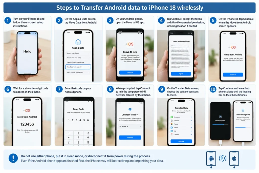 Move to iOS app open on an Android phone during iPhone 18 setup