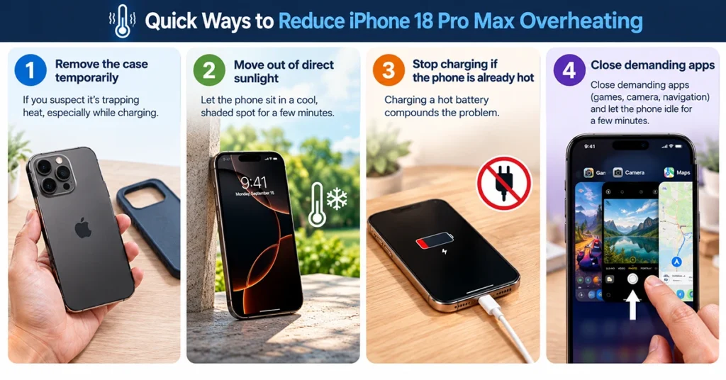 Four ways to reduce iPhone 18 Pro Max overheating: remove the case, move the phone out of direct sunlight, stop charging while hot, and close demanding apps