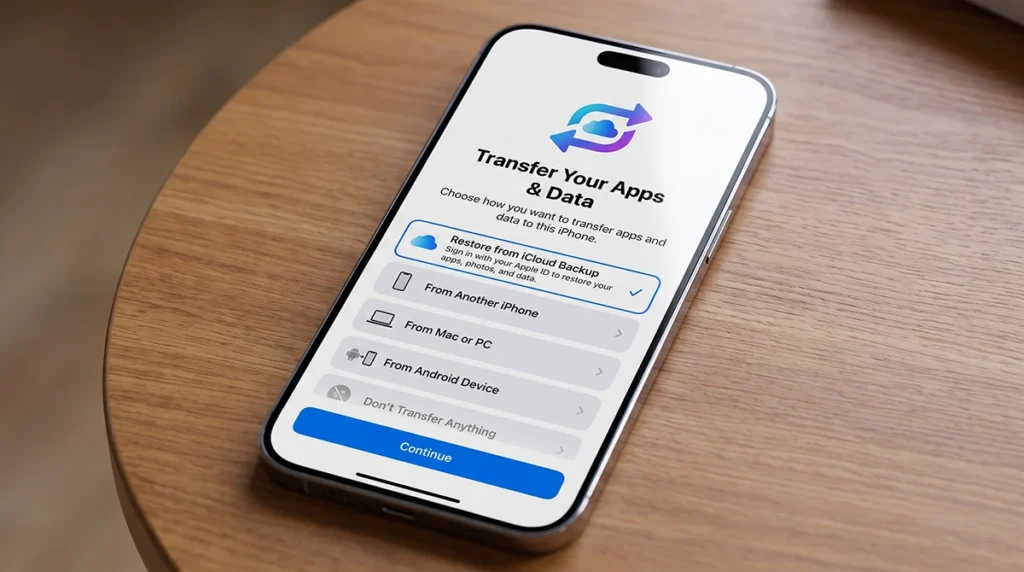 iPhone 18 Apps & Data setup screen with Restore from iCloud Backup selected