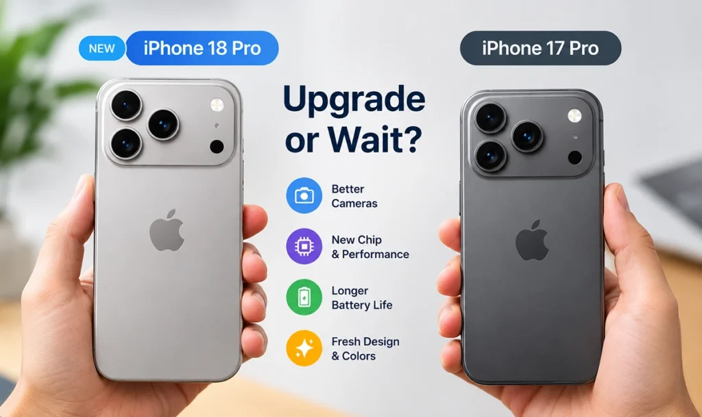 Person comparing iPhone 18 Pro and iPhone 17 Pro while deciding whether to upgrade