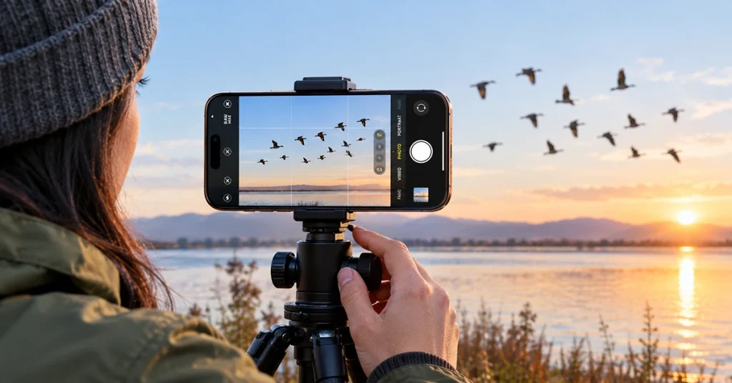 iPhone 18 Pro Max taking a landscape photo at golden hour