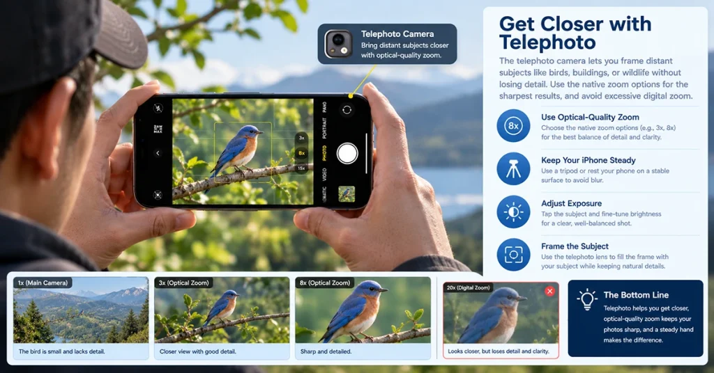 Using smartphone telephoto zoom to photograph a distant bird
