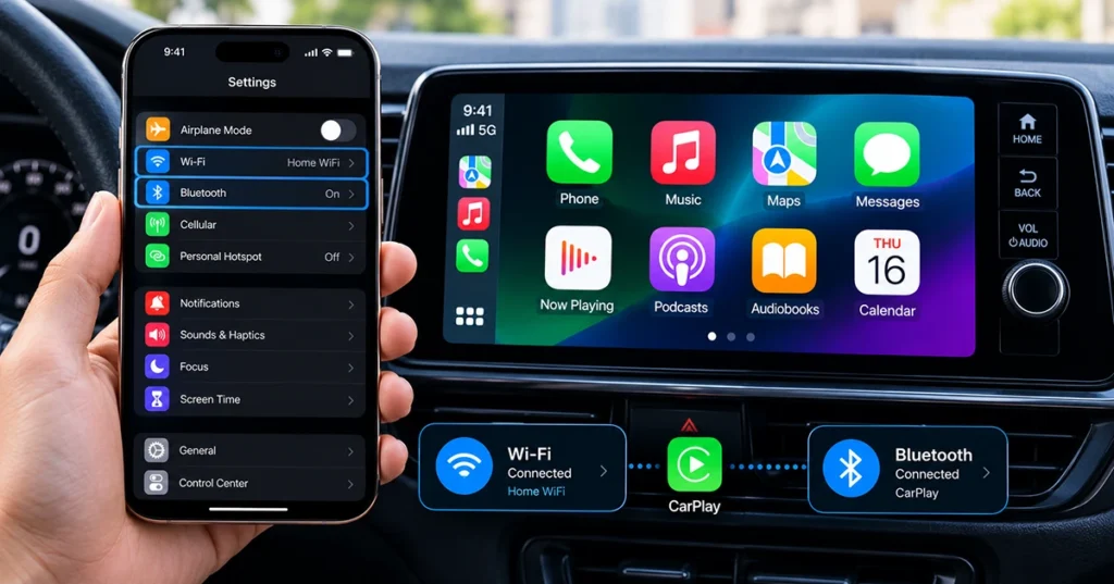 iPhone 18 Pro max wireless settings for Bluetooth and Wi-Fi while connecting to CarPlay